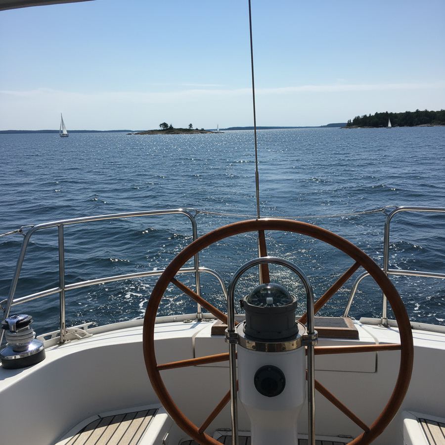 Skipper at the helm of a sailboat on open water with Georgian Bay islands in the background