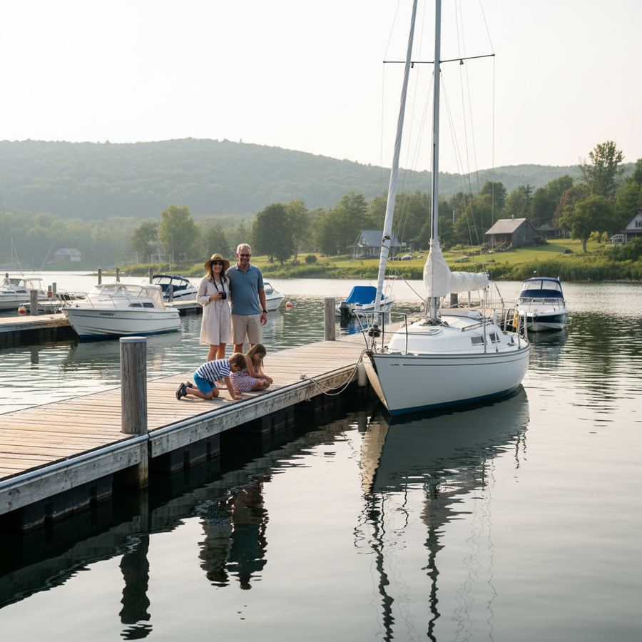 Families walking along a harbour boardwalk with boats moored alongside