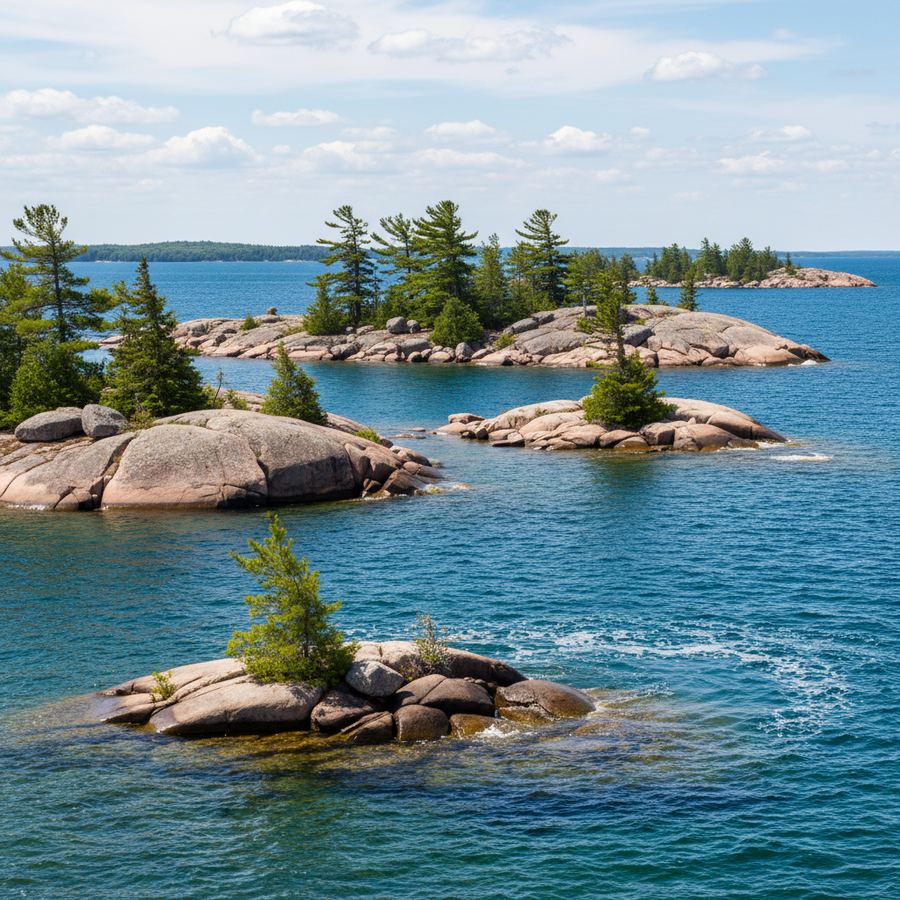 Rocky Georgian Bay islands with pine trees