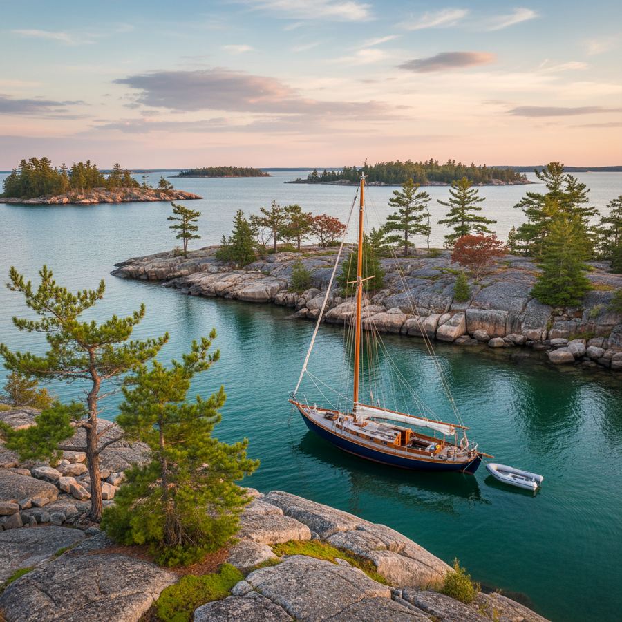 Sailboat anchored in a sheltered bay on Georgian Bay with pink granite shoreline and pine trees