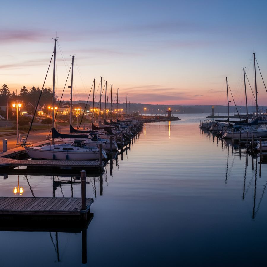 A small harbour at dusk with boats tied up and warm lights from waterfront restaurants