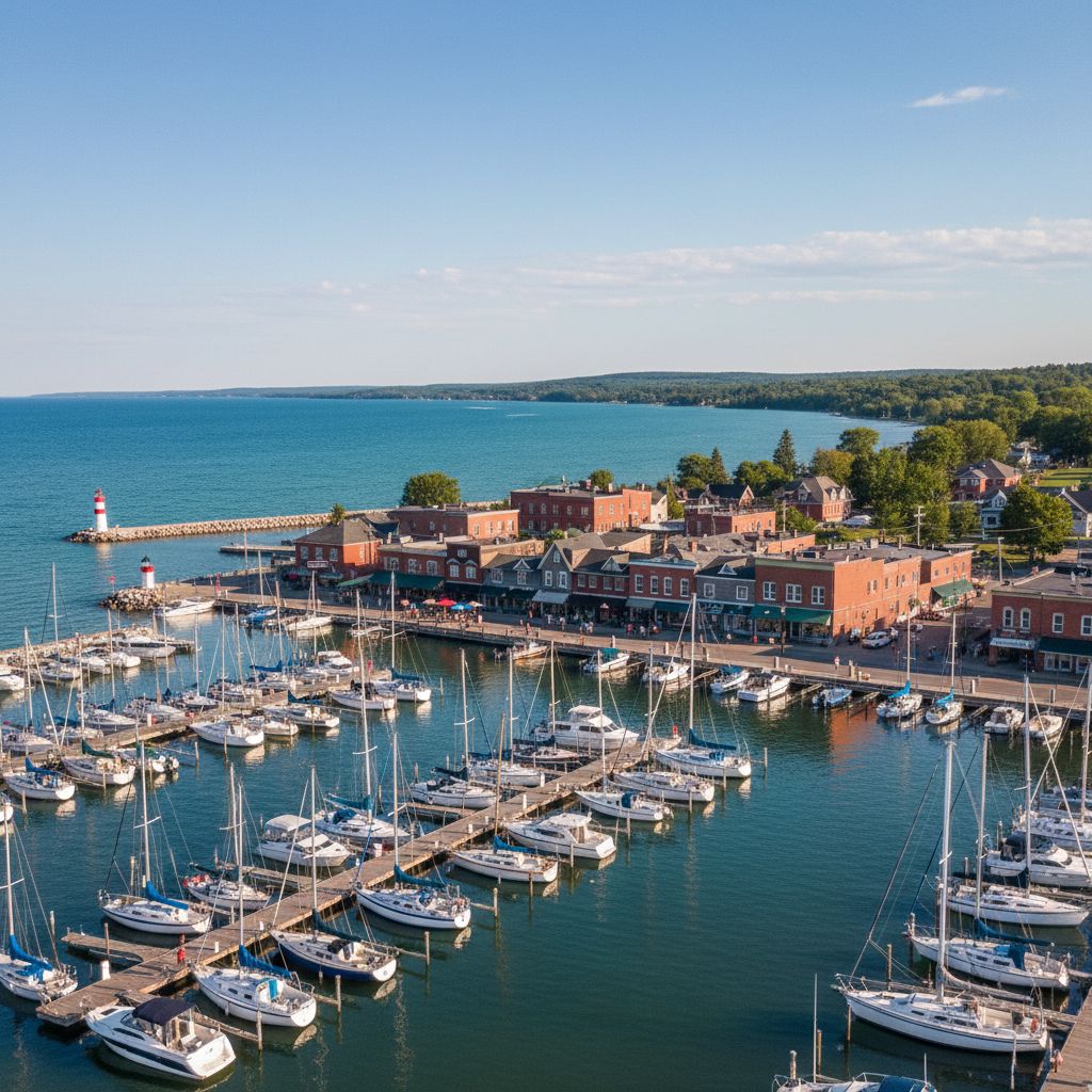 Small harbour town with marina and boats