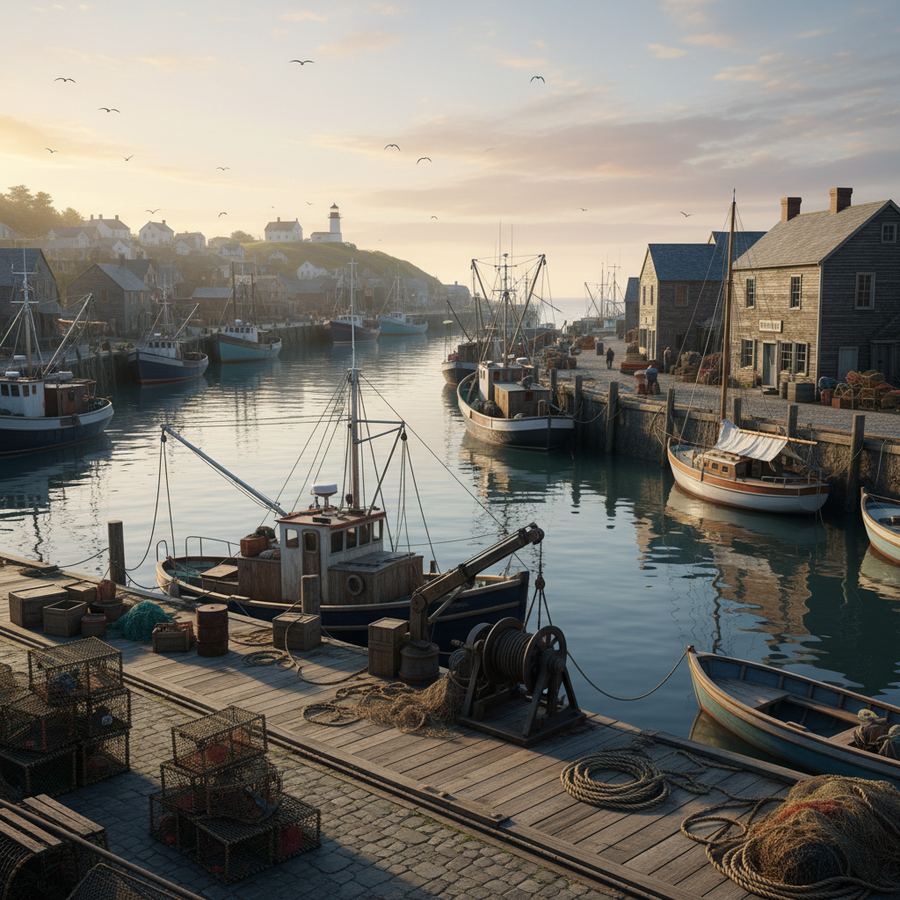 A working harbour with fishing boats and a main street running toward the waterfront