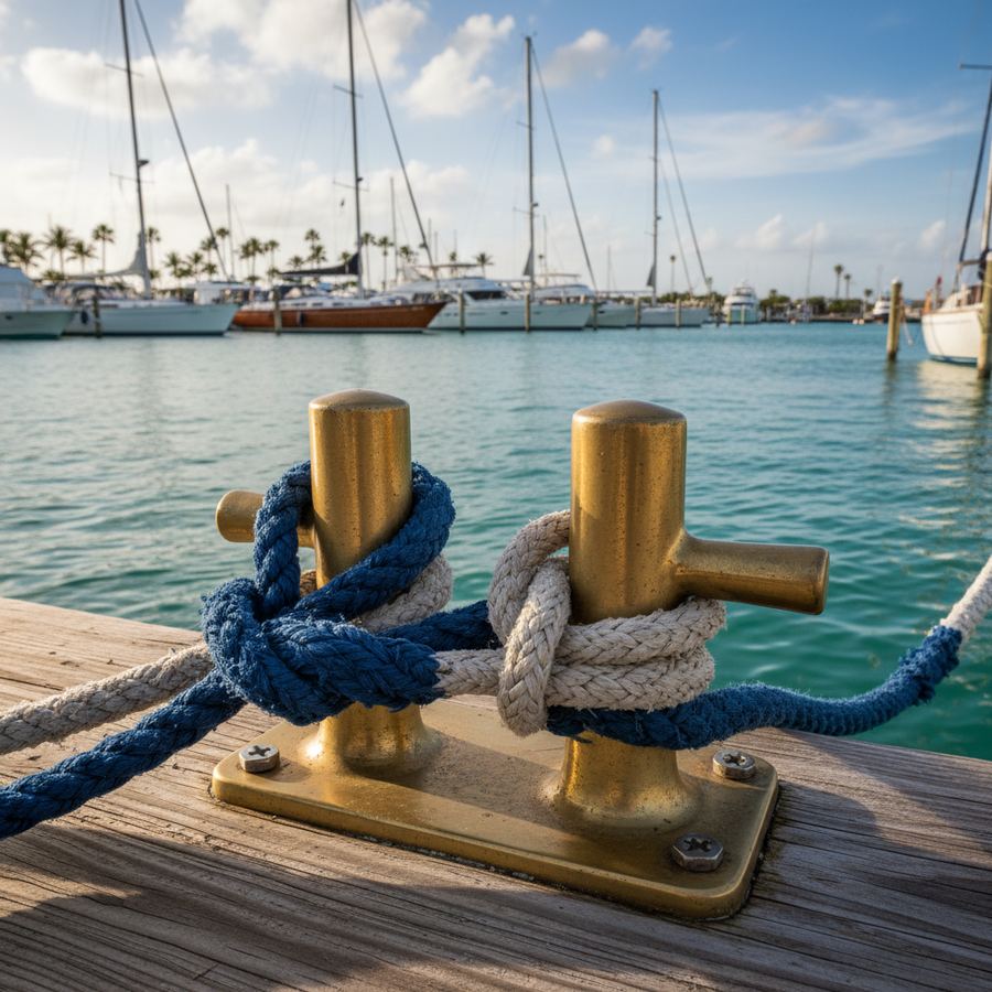 Close-up of dock cleats and mooring lines at a Great Lakes marina with boats in the background