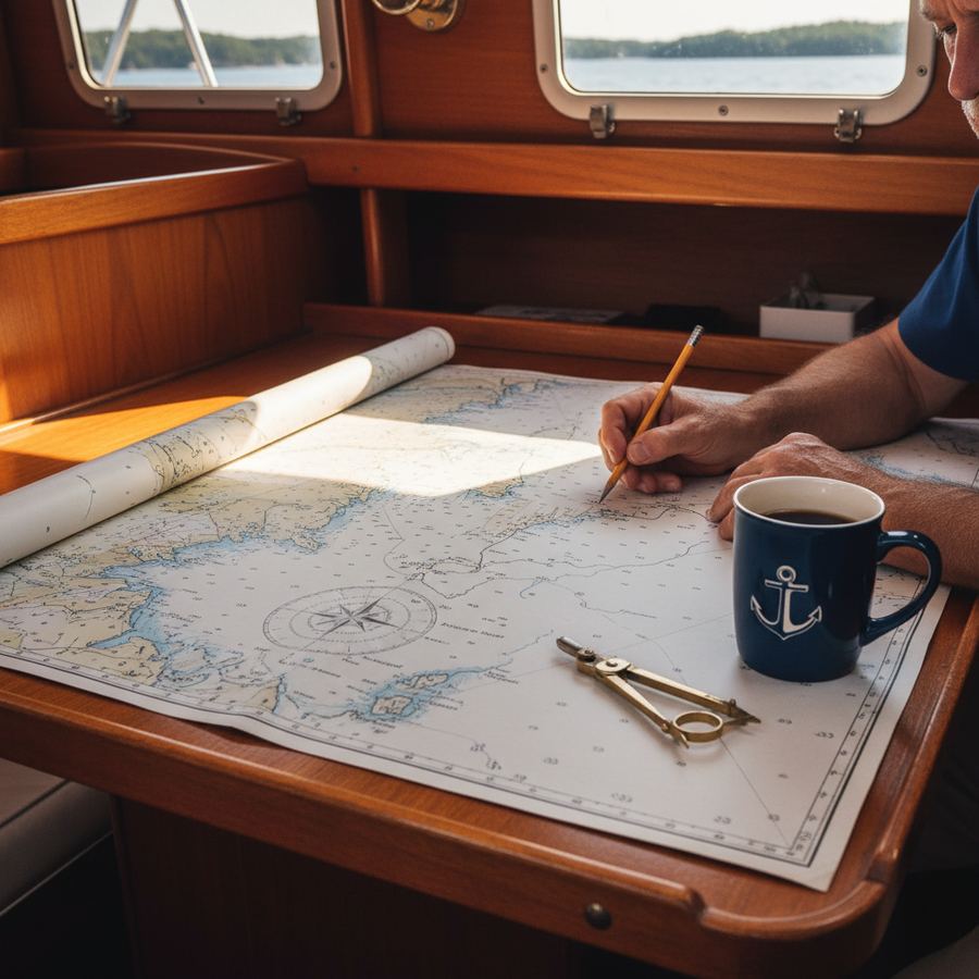 Chart table on a sailboat with paper charts of Georgian Bay, parallel rulers, and a cup of coffee