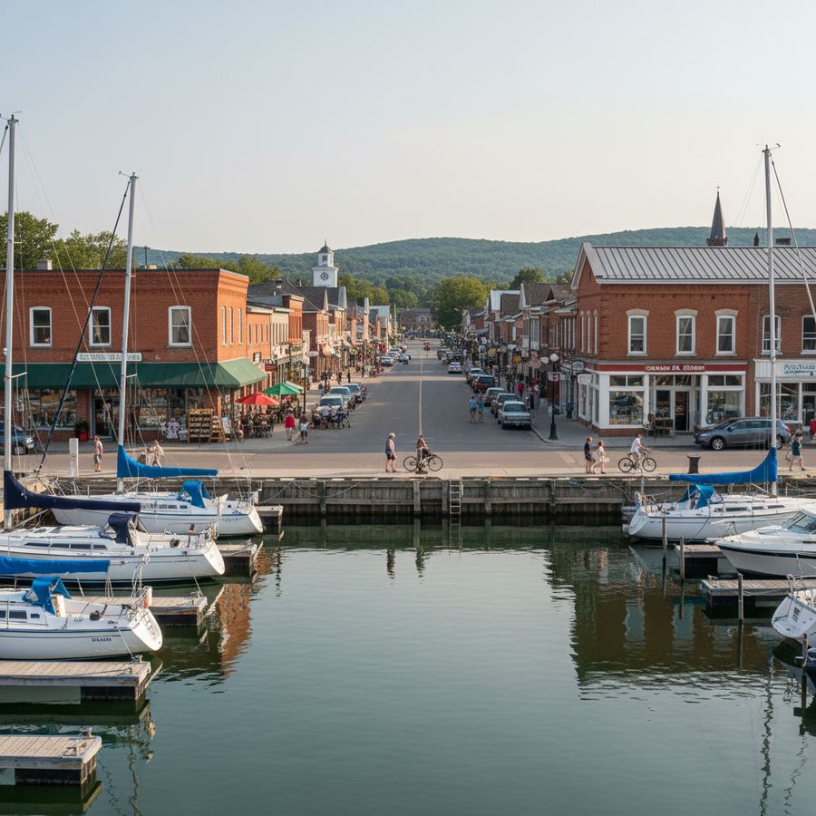 View from a marina dock looking toward a small-town main street with shops and restaurants
